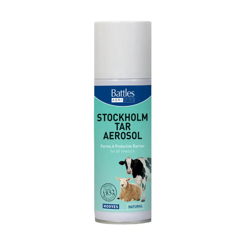 A white battles stockholm tar spray aerosol can with teal label showing livestock and hooves natural branding