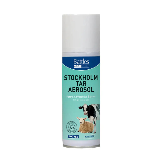 A white battles stockholm tar spray aerosol can with teal label showing livestock and hooves natural branding