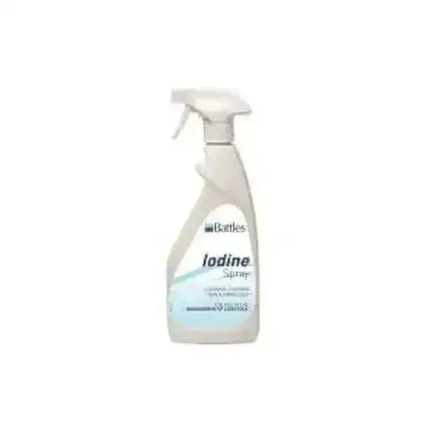 White plastic spray bottle of battles strong iodine spray 10 percent with light blue label used as concentrated skin cleanser for horse care