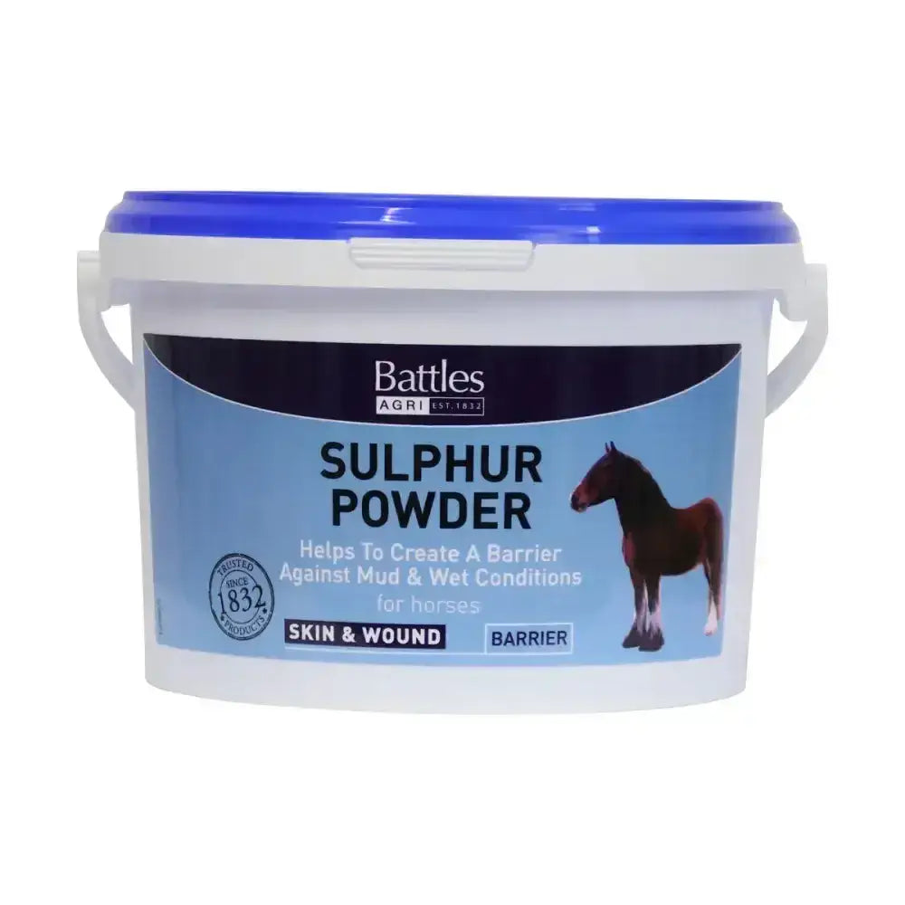 White plastic bucket with blue lid of battles sulphur powder for horses skin and weather resistant barrier protection