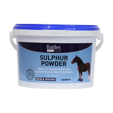 White plastic bucket with blue lid of battles sulphur powder for horses skin and weather resistant barrier protection