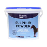 White plastic bucket with blue lid of battles sulphur powder for horse skin protection and weather resistant barrier use