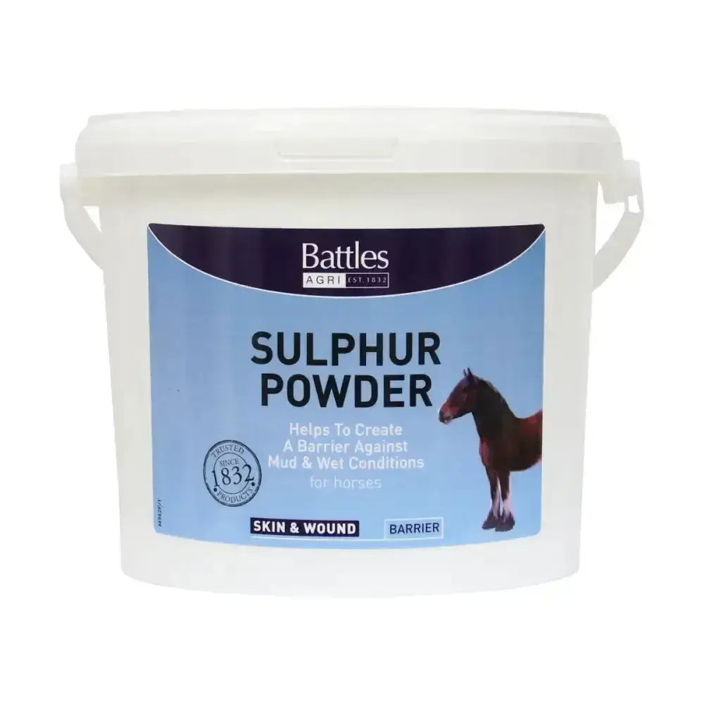 White plastic bucket of battles sulphur powder with blue purple horse label for weather resistant barrier use