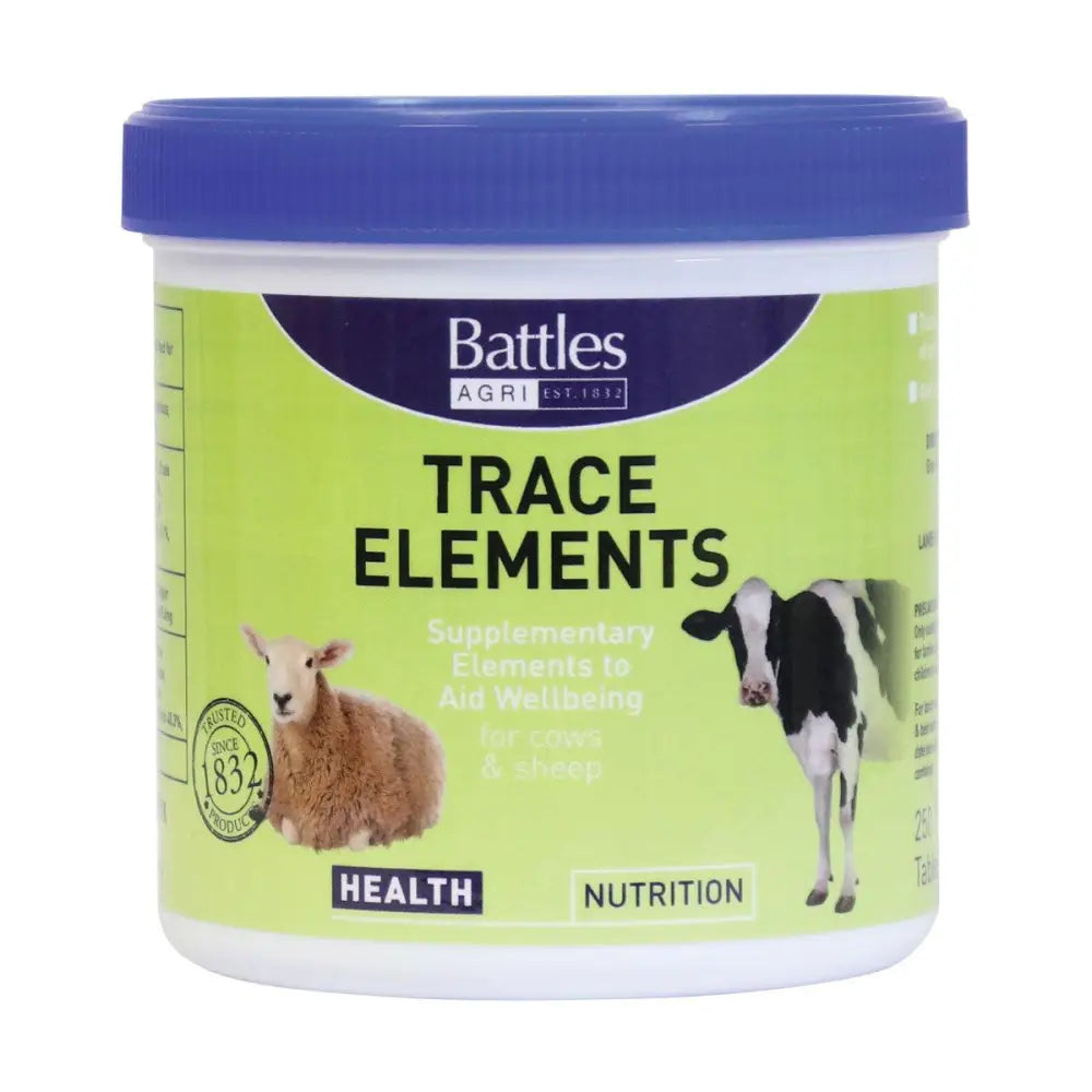 A lime green and white cylindrical container with a blue lid of battles trace element tablets in handy tablet form