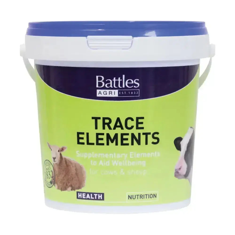 Battles trace element tablets in a white bucket with blue lid and green purple label for handy tablet form livestock health