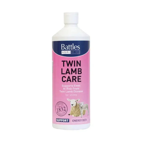 Pink-labeled plastic bottle of Battles Twin Lamb Care energy rich drench with additional electrolytes for twin lamb disease