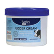 White plastic tub with blue lid labeled battles udder cream original udder cream for cattle and horse care protection