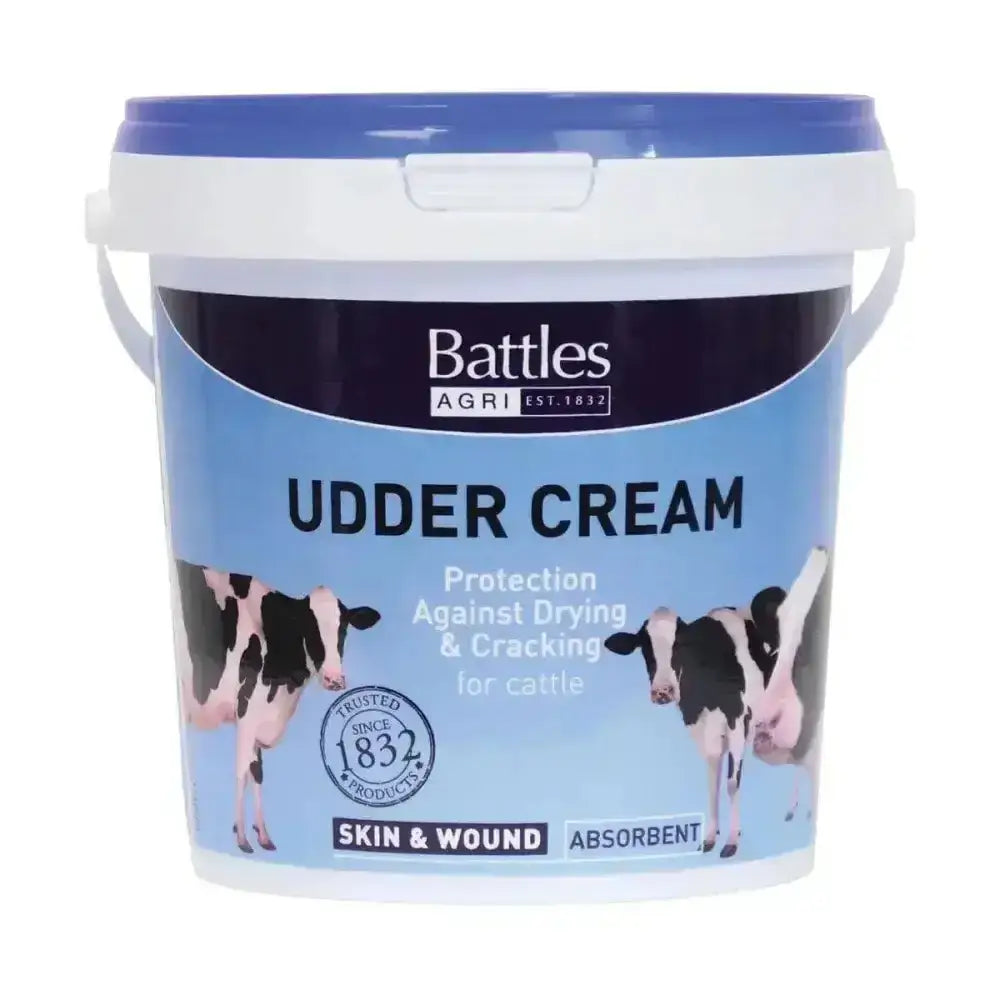 Battles udder cream original udder cream in white bucket with blue lid featuring black and white cows for horse care