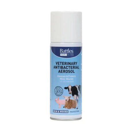 Battles veterinary antibacterial aerosol spray in light blue can with farm animals for lamb navels and fly strike protection