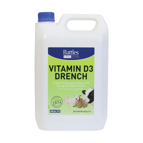 White plastic jug with blue cap and green label of battles vitamin d3 drench for nutritional stress relief