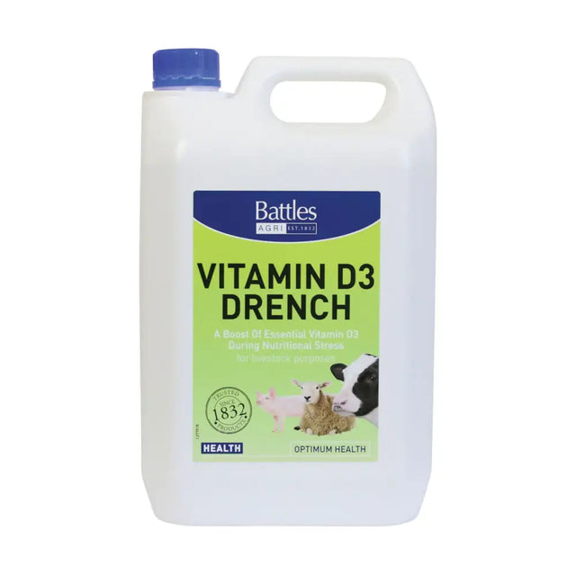 White plastic jug with blue cap and green battles vitamin d3 drench label for nutritional stress relief
