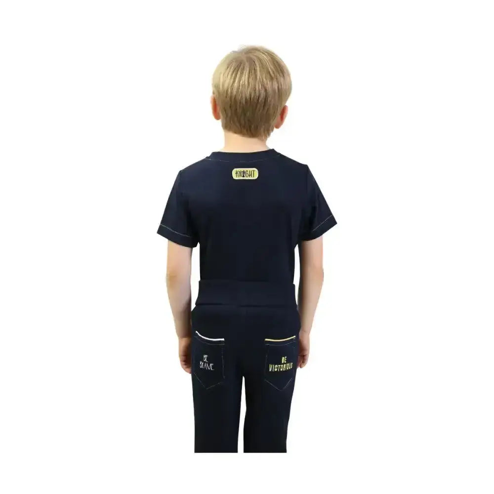 Back of navy blue breathable cotton brave t-shirt by Little Knight with gold embroidered logo and matching jeans for summer months