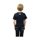 Back of navy blue breathable cotton brave t-shirt by Little Knight with gold embroidered logo and matching jeans for summer months