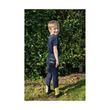 Back view of navy blue brave tots jodhpurs with yellow accents bulk elastic ankles and logo patch by little knight