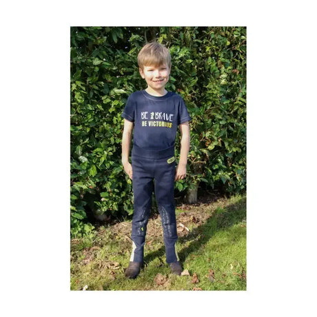 Navy blue brave tots jodhpurs with white side stripes green knee accents and bulk elastic ankles by little knight
