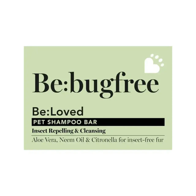 Be loved be bugfree pet shampoo bar with pale green label, black text, white paw print heart, neem oil, bugfree pet shampoo