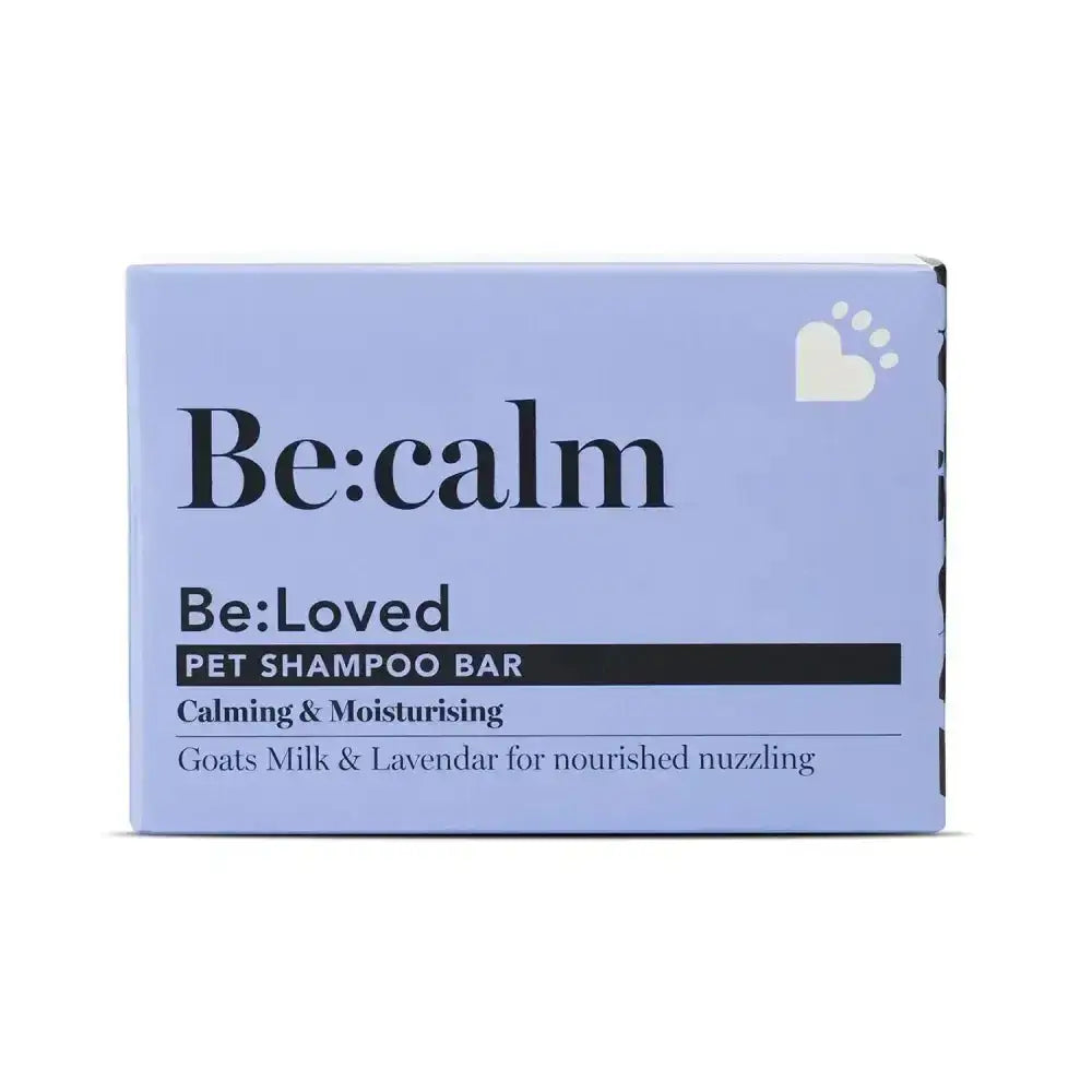Be loved be calm pet shampoo bar in a soft lavender box with moisturising goats milk for calm pet shampoo care