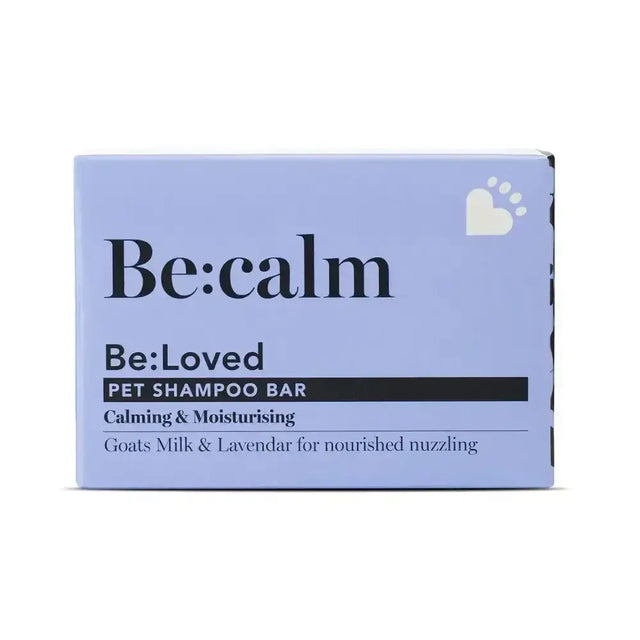 Be loved be calm pet shampoo bar in a soft lavender box with moisturising goats milk for calm pet shampoo care
