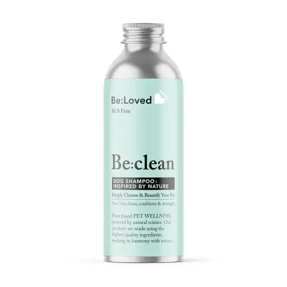 Be loved be clean dog shampoo in sleek silver bottle with mint green label natural ingredients sls free pet shampoo