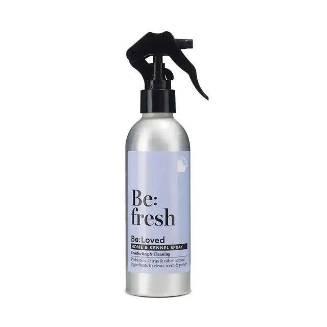 Silver spray bottle with black trigger and purple be fresh label for proper pampering fresh pet spray use