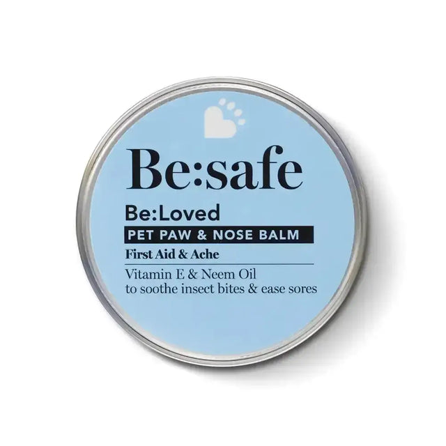 Be loved be safe pet paw and nose balm in round tin with light blue label for safe pet paw proper pampering