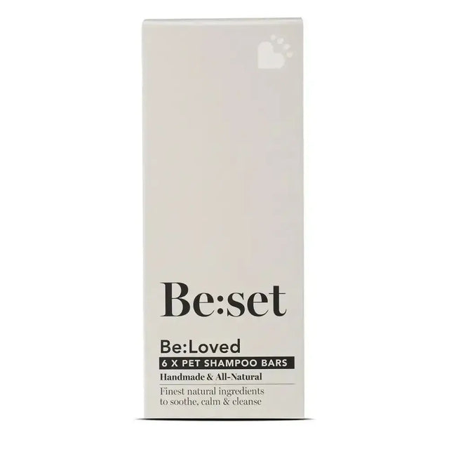 Be loved be set pet shampoo bar in minimalist white box with black text for proper pampering and cleansing purposes