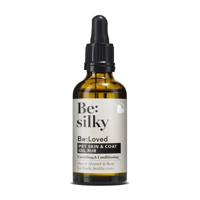 Be loved be silky skin and coat oil in amber glass bottle with black dropper cap improves coat oil and conditions skin