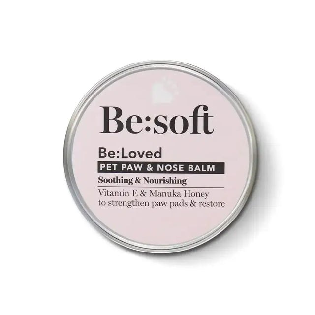 Be loved be soft pet paw and nose balm in silver tin with pale pink label enriched with manuka honey for soft pet paw care