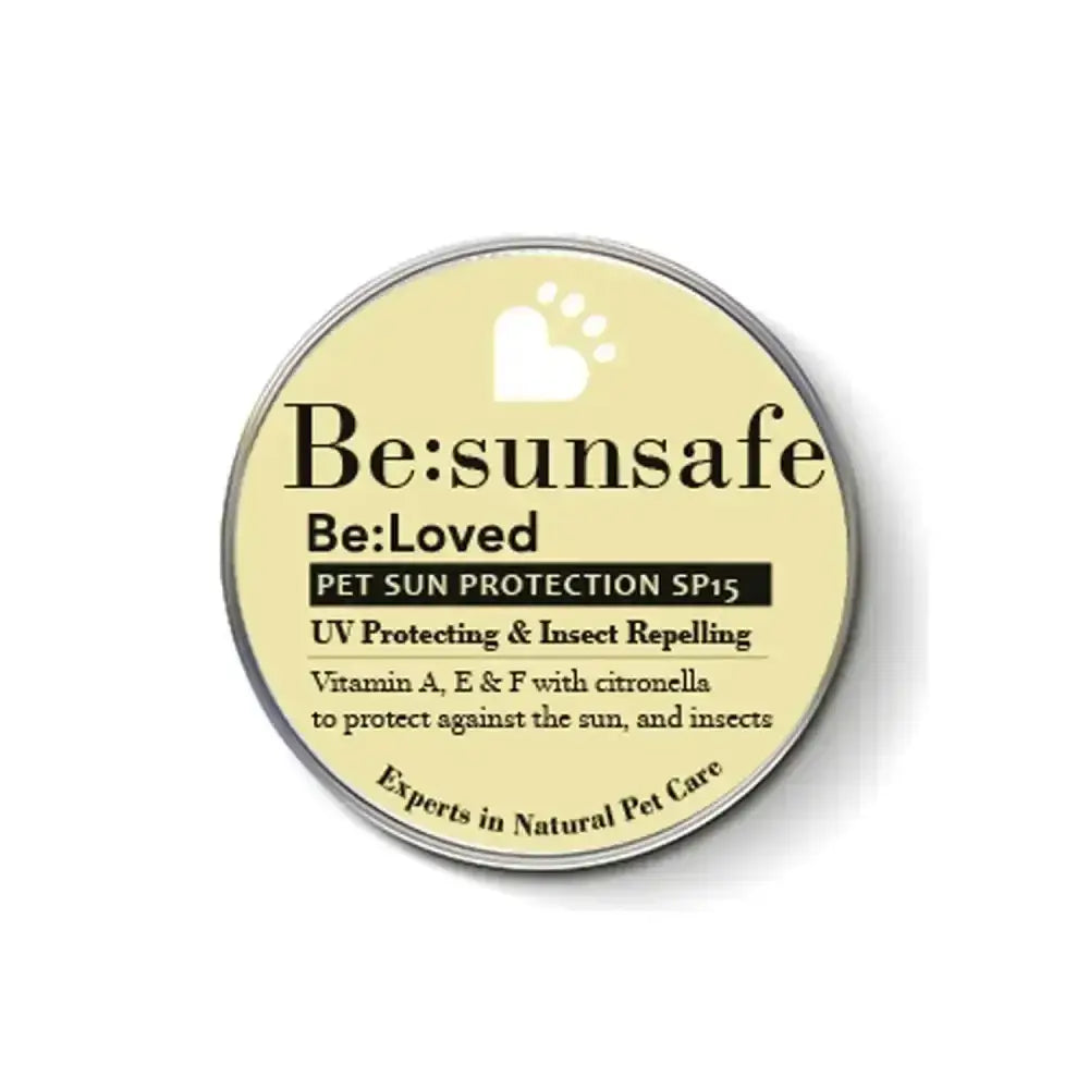 Be loved be sunsafe pet sun protection spf15 in a round tin with pale yellow label for proper pampering