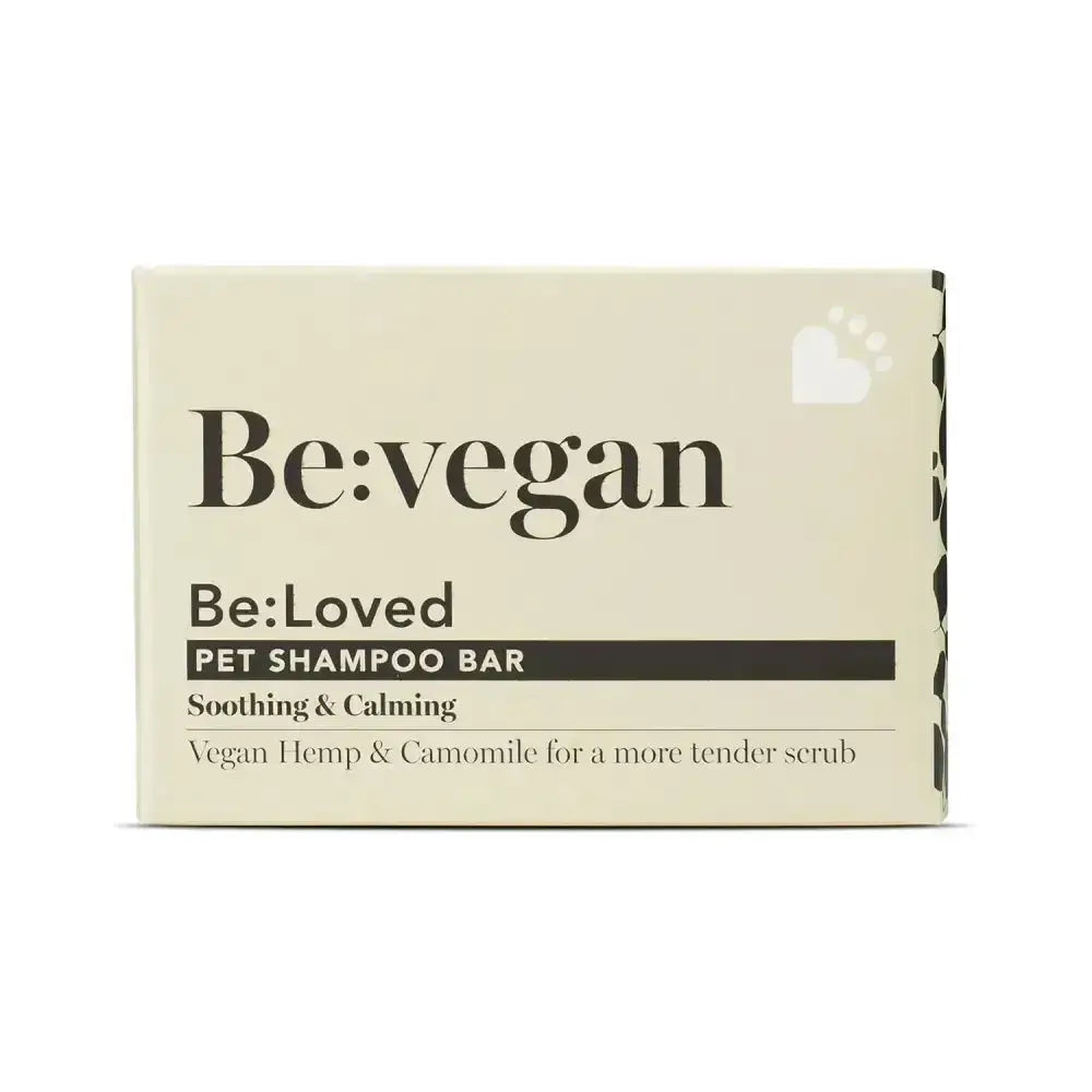 Be loved be vegan pet shampoo bar in cream box with black text and paw print features vegan pet shampoo with naturally calming ingredients