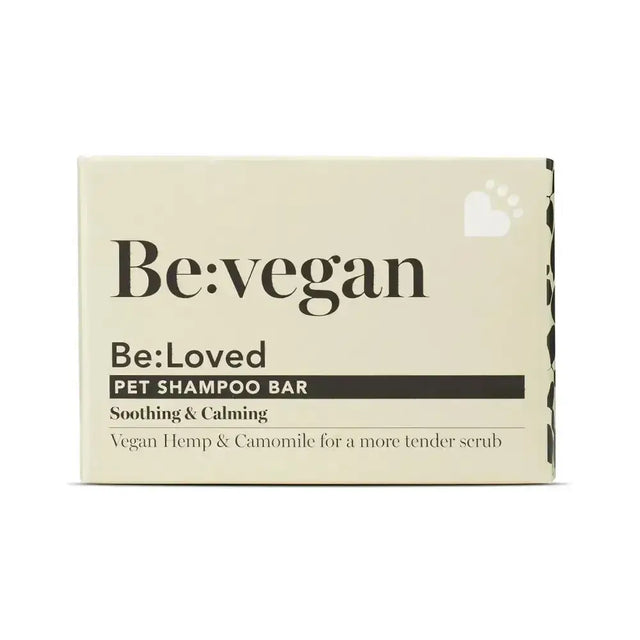 Be loved be vegan pet shampoo bar in cream box with black text and paw print features vegan pet shampoo with naturally calming ingredients