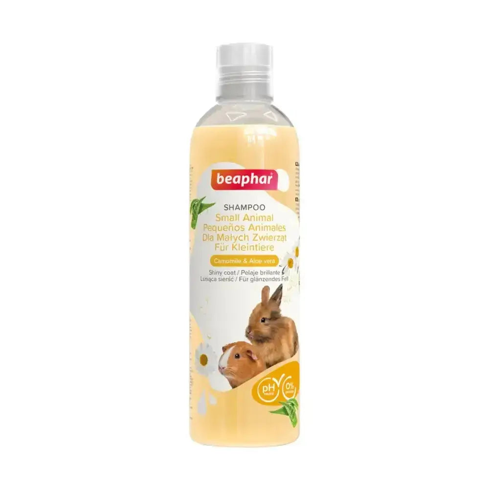 Beaphar small animal shampoo bottle with clear plastic body yellow liquid and white label showing rabbits and guinea pigs