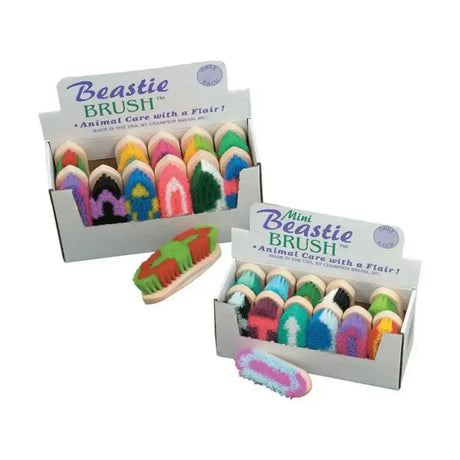 Colorful soft-bristled beastie dandy brush pet grooming tools with natural wood handles in a dandy brush bulk buy