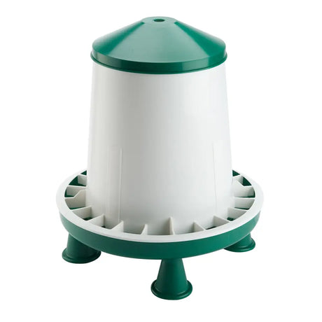 Bec blenheim feeder indoor with white and green plastic body, conical top, outer ring preventing spillage, and stable legs