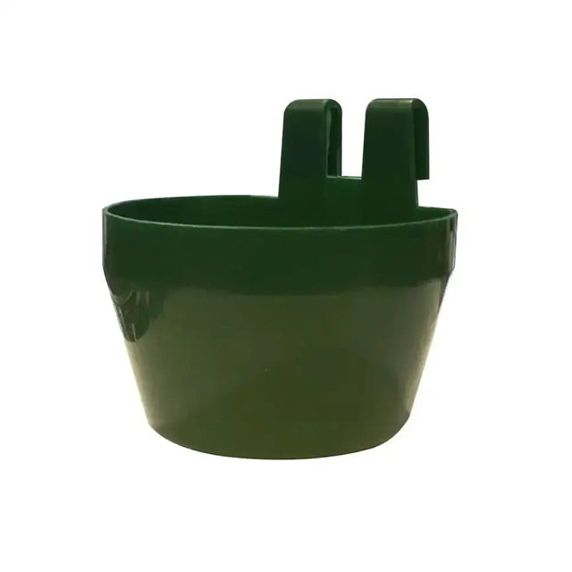 Dark green plastic bec cage cup bird drinker with two upward-facing clips for easy hanging in cages