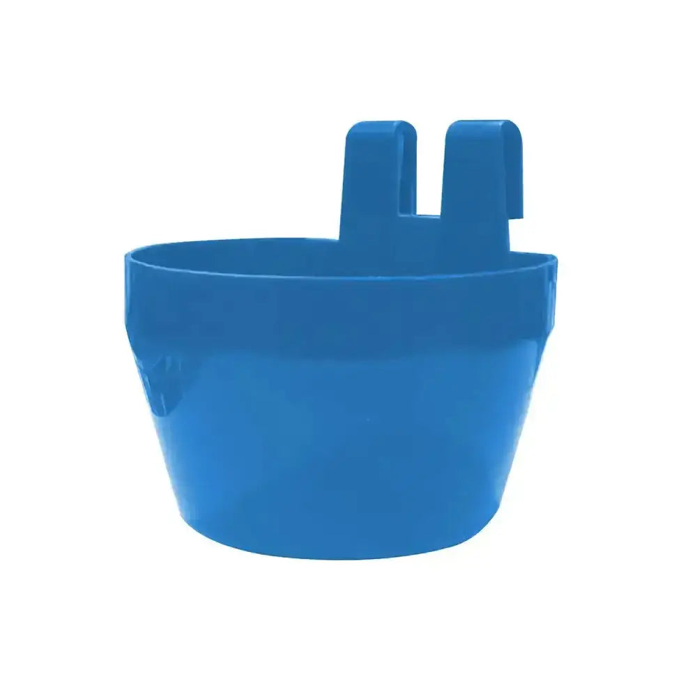 Blue plastic bec cage cup bird drinker with two upward facing handles for hanging in bird cages