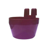 Purple plastic bec cage cup bird drinker with two upward-facing handles for easy cage attachment