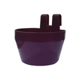 Purple plastic bec cage cup bird drinker with two upward facing hooks for easy cage attachment