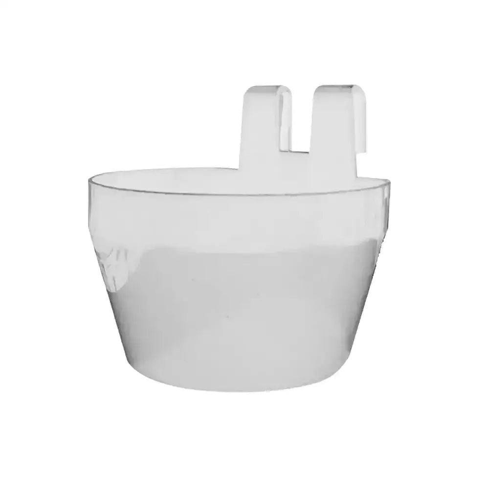 Clear plastic bec cage cup bird drinker with two white hooks for hanging in bird cages