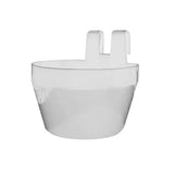 Clear plastic bec cage cup bird drinker with two white hooks for hanging in bird cages