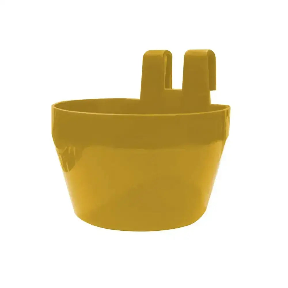 Yellow plastic bec cage cup bird drinker with two integrated hooks for easy hanging in cages