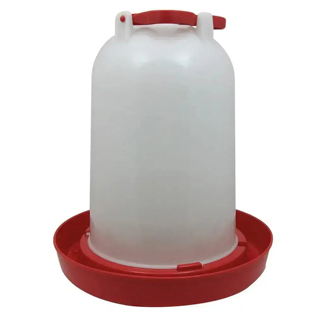 White plastic bec combination drinker with red handle and base ideal game bird drinker for hanging poultry setups