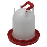 White plastic bec combination drinker with red handle and base for hanging poultry and game bird drinker use