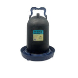 Dark blue plastic recycled blue drinker with handle and base for poultry feeding labeled 100 percent recycled material