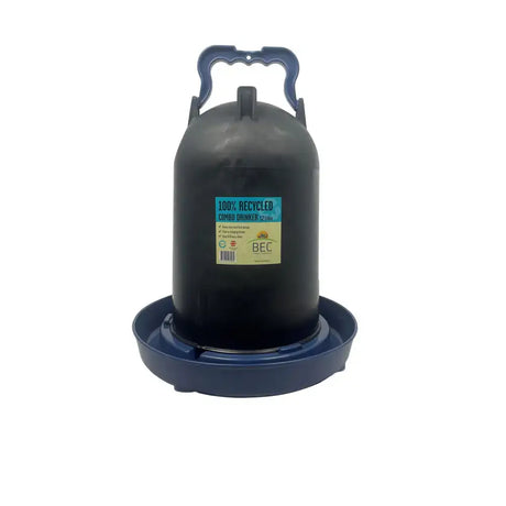 Dark blue plastic recycled blue drinker with handle and base for poultry feeding labeled 100 percent recycled material