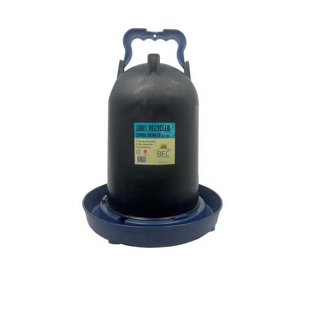 Dark blue plastic recycled blue drinker with handle and base for poultry feeding labeled 100 percent recycled material