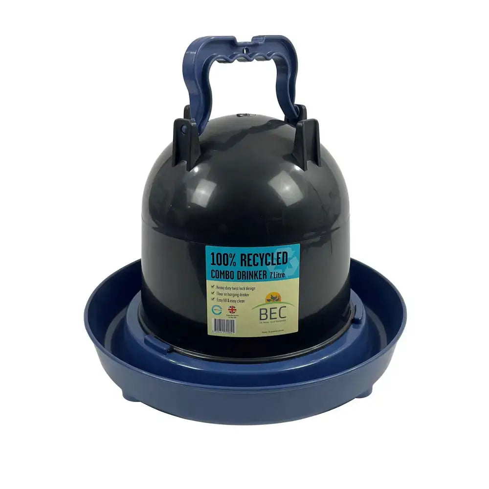 Blue bec combo drink made from 100% recycled plastic with black dome top and handle for easy use