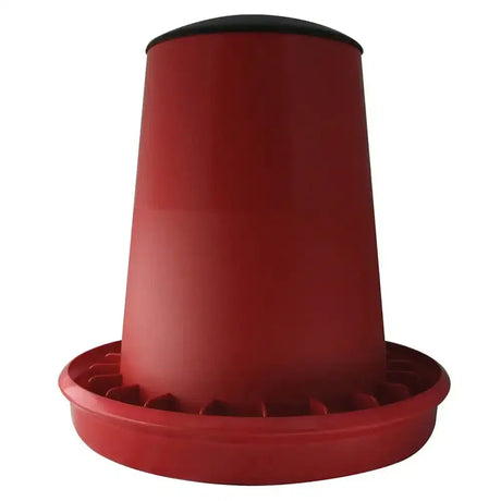 Red plastic bec eco feeder deluxe chicken feeder with black top and ridged base featuring feed tube design