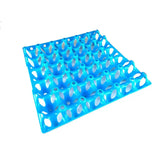 Bright blue plastic bec egg tray with oval compartments designed to securely hold eggs in an egg tray layout