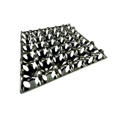 Shiny black metal bec egg tray with oval-shaped compartments for securely holding eggs in a grid layout